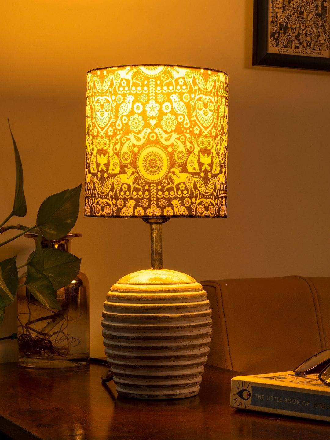 Stripped Distress White Lamp with Indian Art multicolor shade