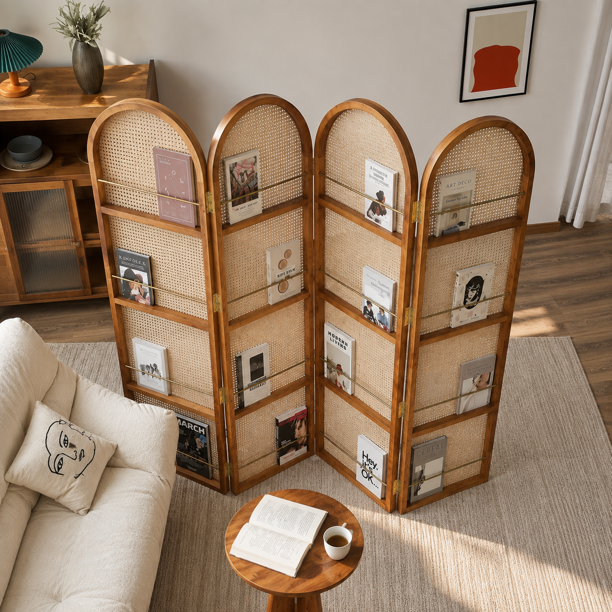 Ouch Cart 4 Panel Rattan Room Divider | Folding Woven Privacy Screen with Wooden Frame Ouch Cart