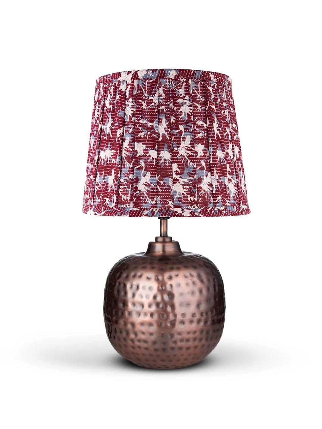 Copper Hammered Pot Lamp with Pleeted Multicolor Maroon Shade - Ouch Cart