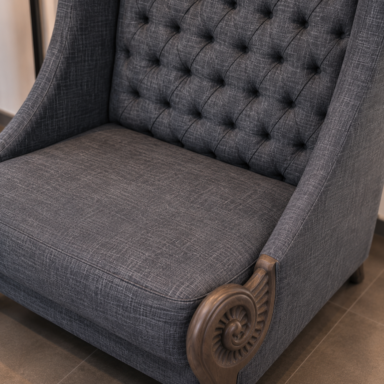 Tufted High Back Accent Chair with Carved Wooden Arms | Upholstered Living Room Lounge Chair
