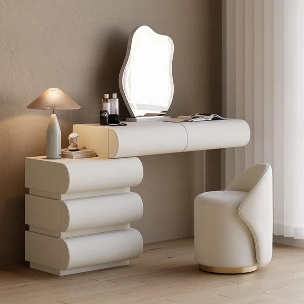 Lukas Modern White Makeup Vanity Set PU Leather Dressing Table with Stool & LED Mirror, Makeup Table with Drawers and Soft Cushioned Stool for Home and Bedroom, Dressing Vanity for Makeup