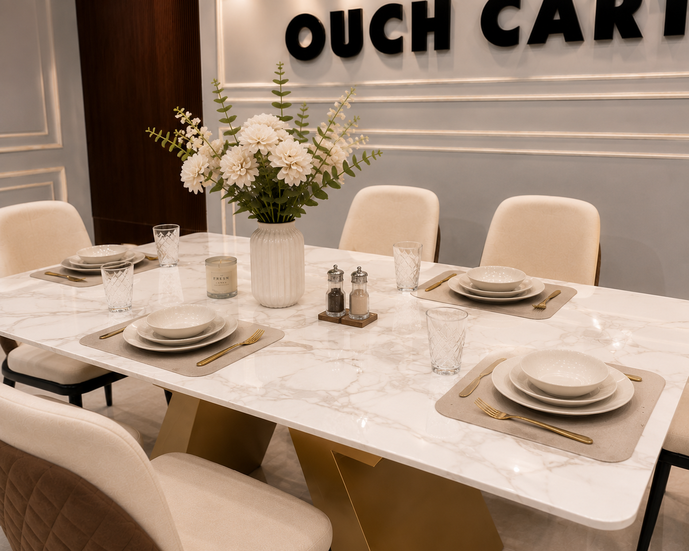 Modern 6 Seater Marble Dining Table Set with Gold Metal Base & Upholstered Chairs | Luxury Dining Room Furniture OUCH CART