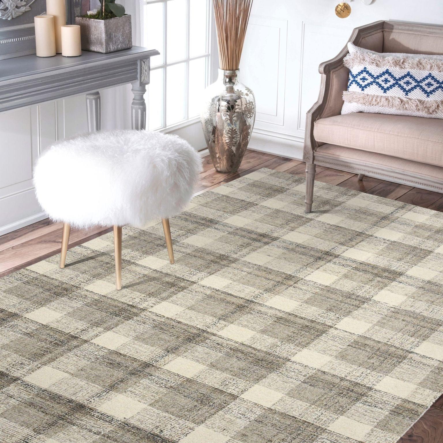 Sand Wool Tartan 8 X 10 Feet Hand-Tufted Carpet Checked Rug - Ouch Cart