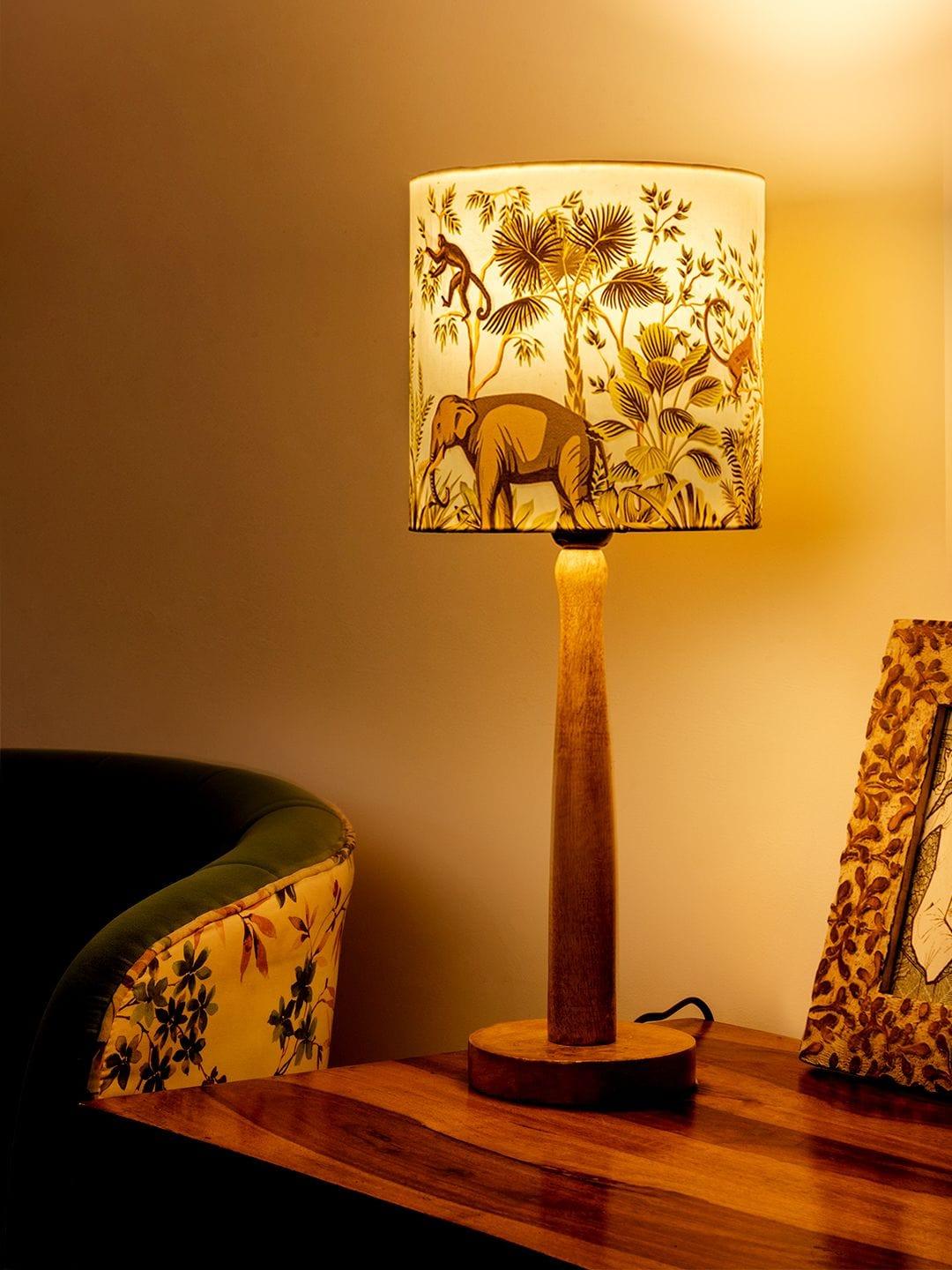 Wooden Brown Lamp with Jungle Print Shade - Ouch Cart