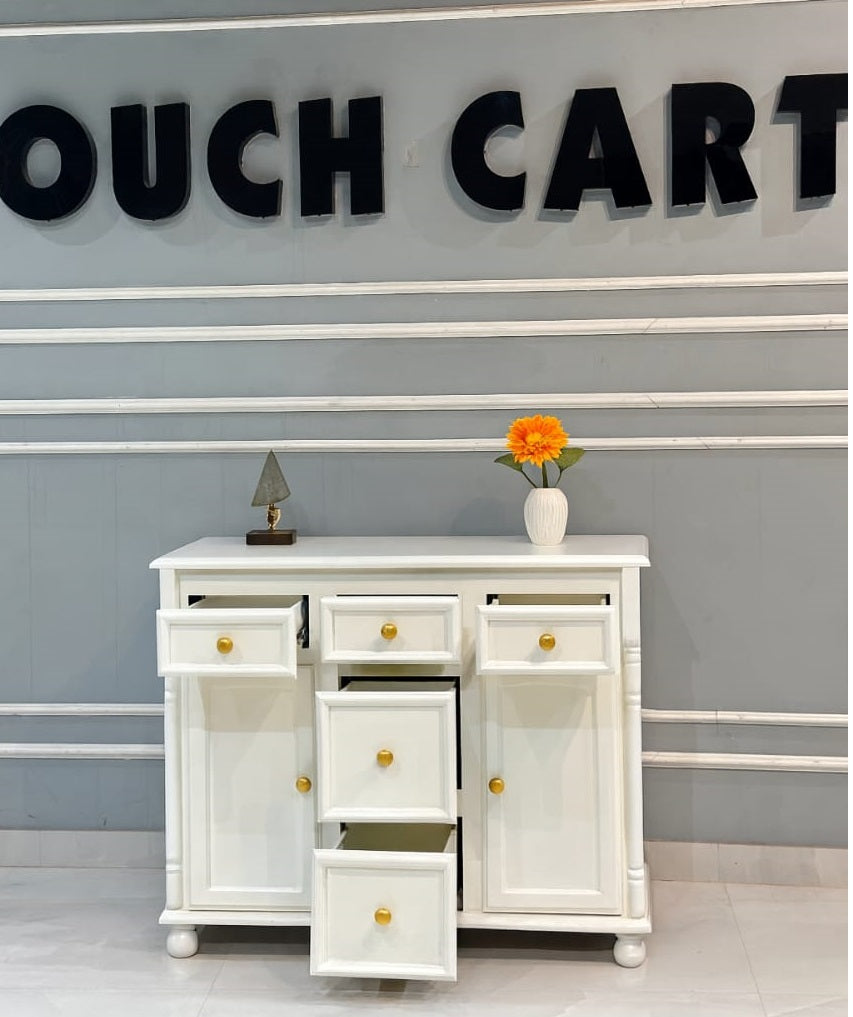 Elegant White Wooden Storage Cabinet with Drawers & Doors | Modern Console Sideboard