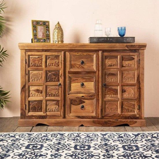 Sheesham Wood Mammoth Sideboard Three Drawer Two Door Storage Unit (Honey Finish) - Ouch Cart