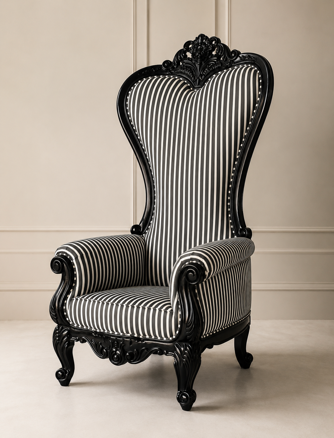 Baroque Carved Wooden Armchair with Black & White Striped Upholstery | High Back Accent Chair OUCH CART