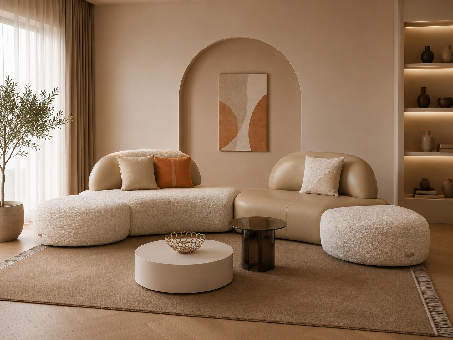 Modern Modular Bouclé Sofa Set | Luxury Curved Designer Lounge Sofa with Ottoman | Contemporary Upholstered Living Room Sofa Ouch Cart