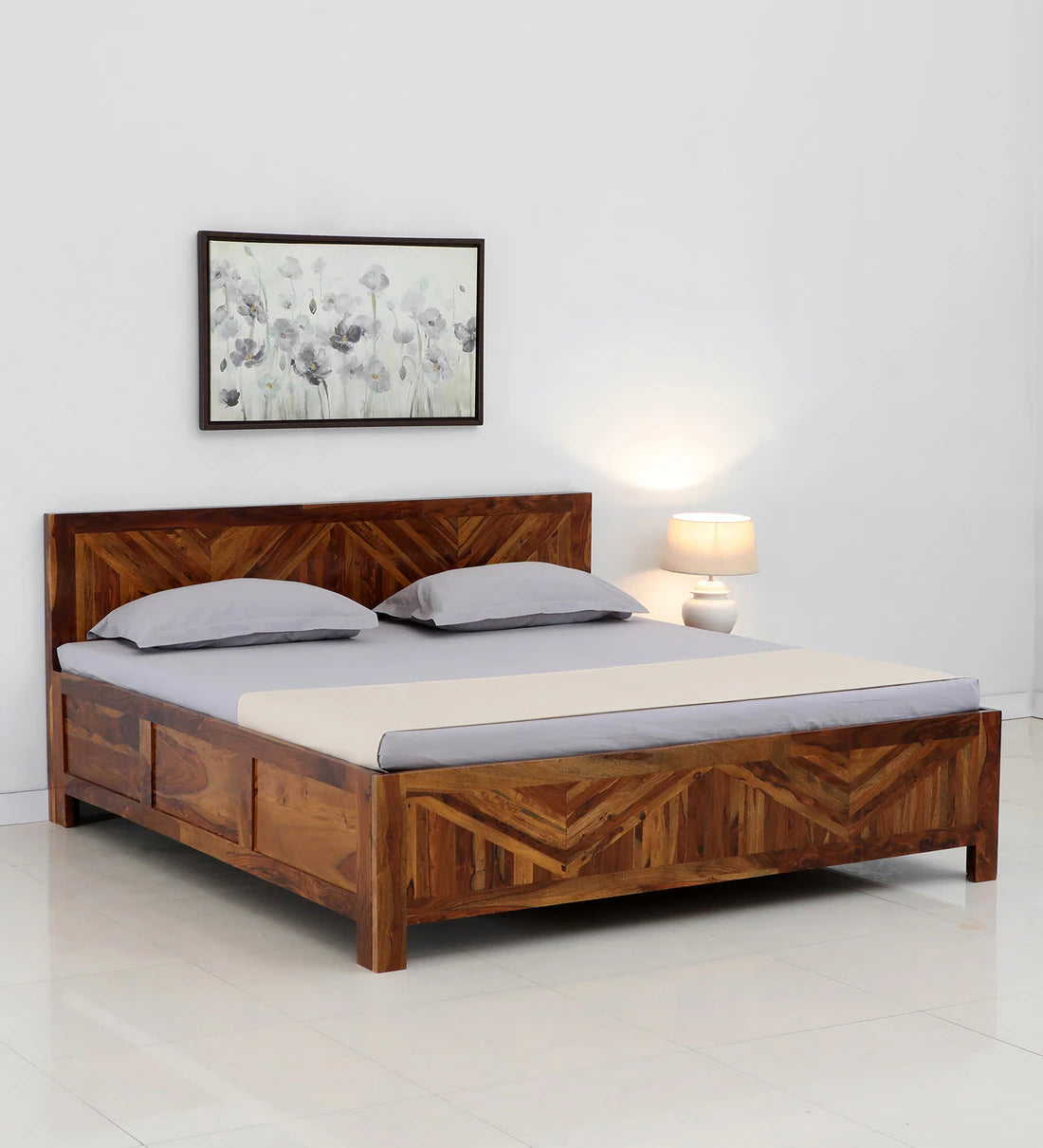 Sheesham Wood King Size Bed With Box Storage in Light Honey Finish