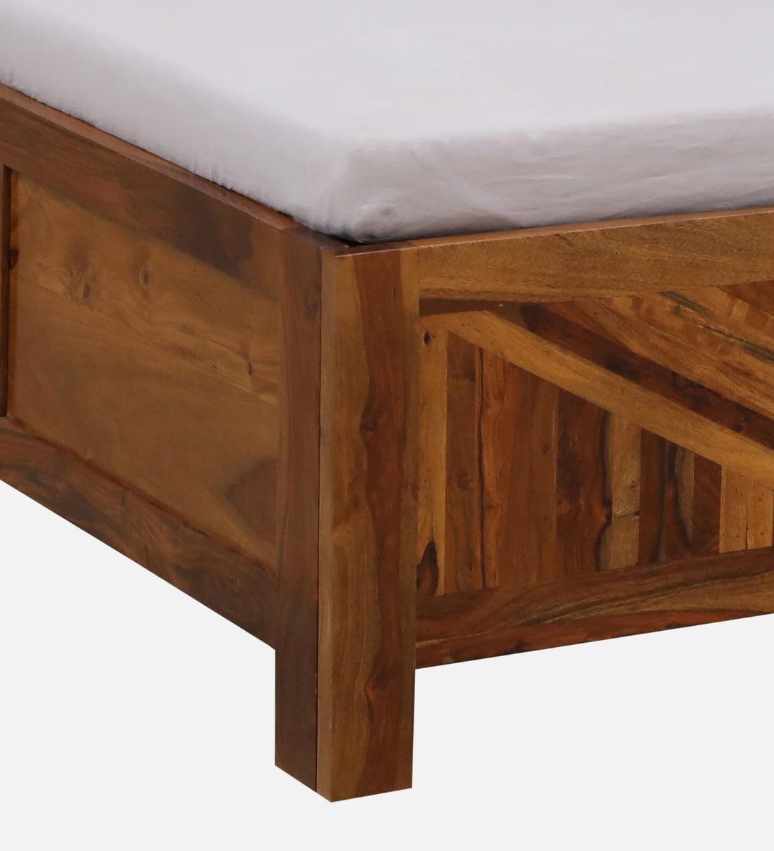 Sheesham Wood King Size Bed With Box Storage in Light Honey Finish - Ouch Cart