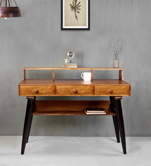 Charlotte Table With 3 Drawers In Teak & Black Finish