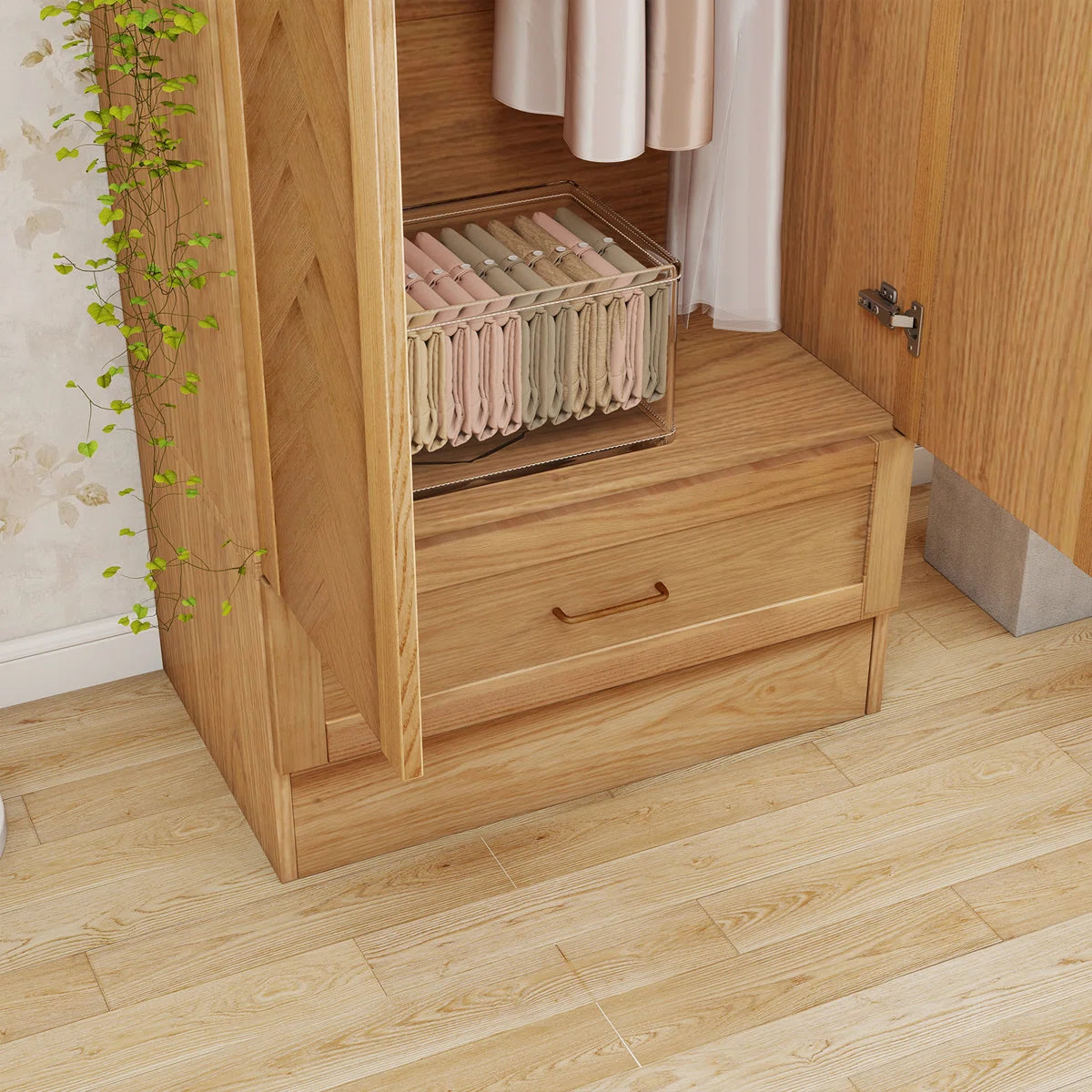 2-Door Solid Wood Wardrobe Closet Armoire with Drawer Hanging Rod Natural Finish