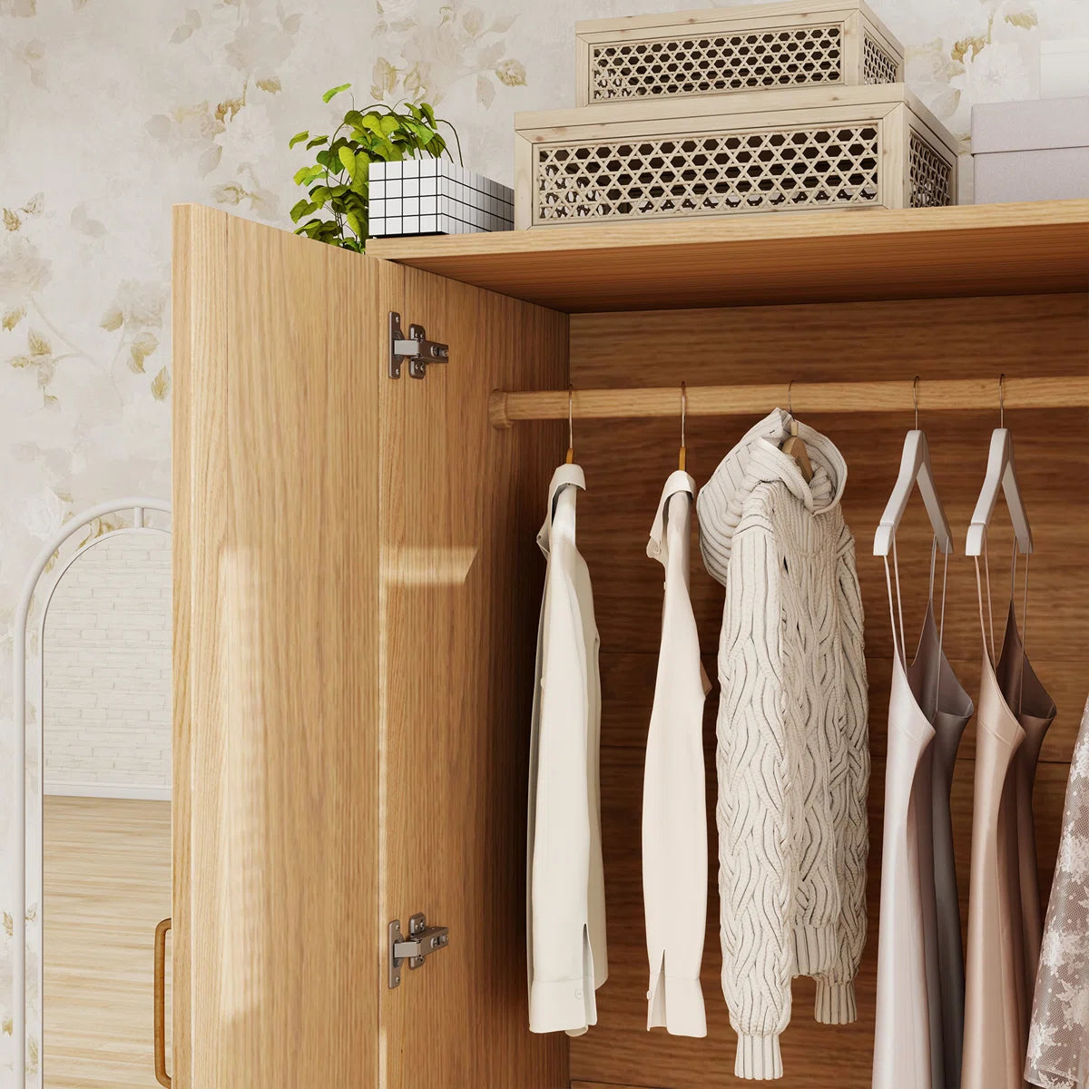 2-Door Solid Wood Wardrobe Closet Armoire with Drawer Hanging Rod Natural Finish