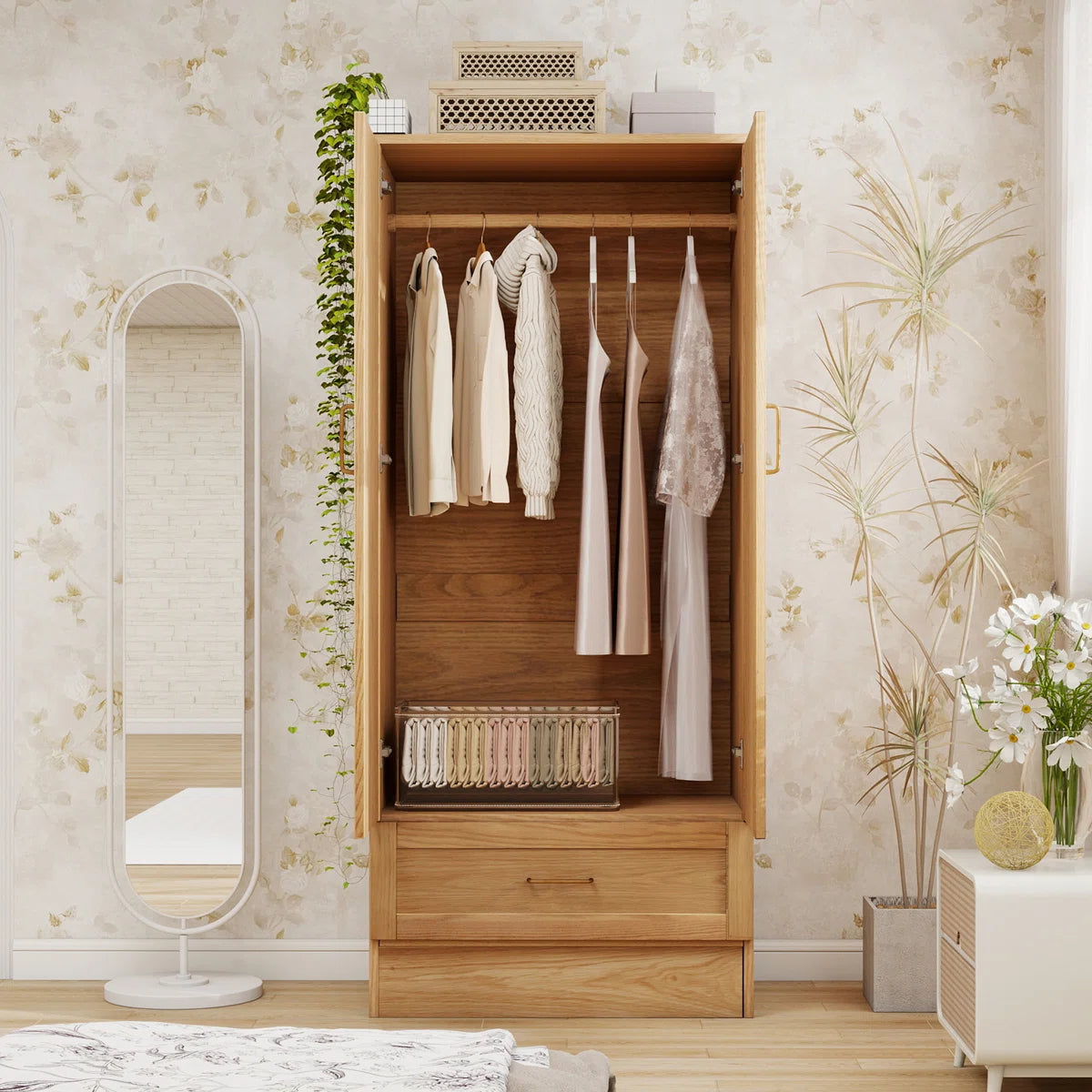 2-Door Solid Wood Wardrobe Closet Armoire with Drawer Hanging Rod Natural Finish