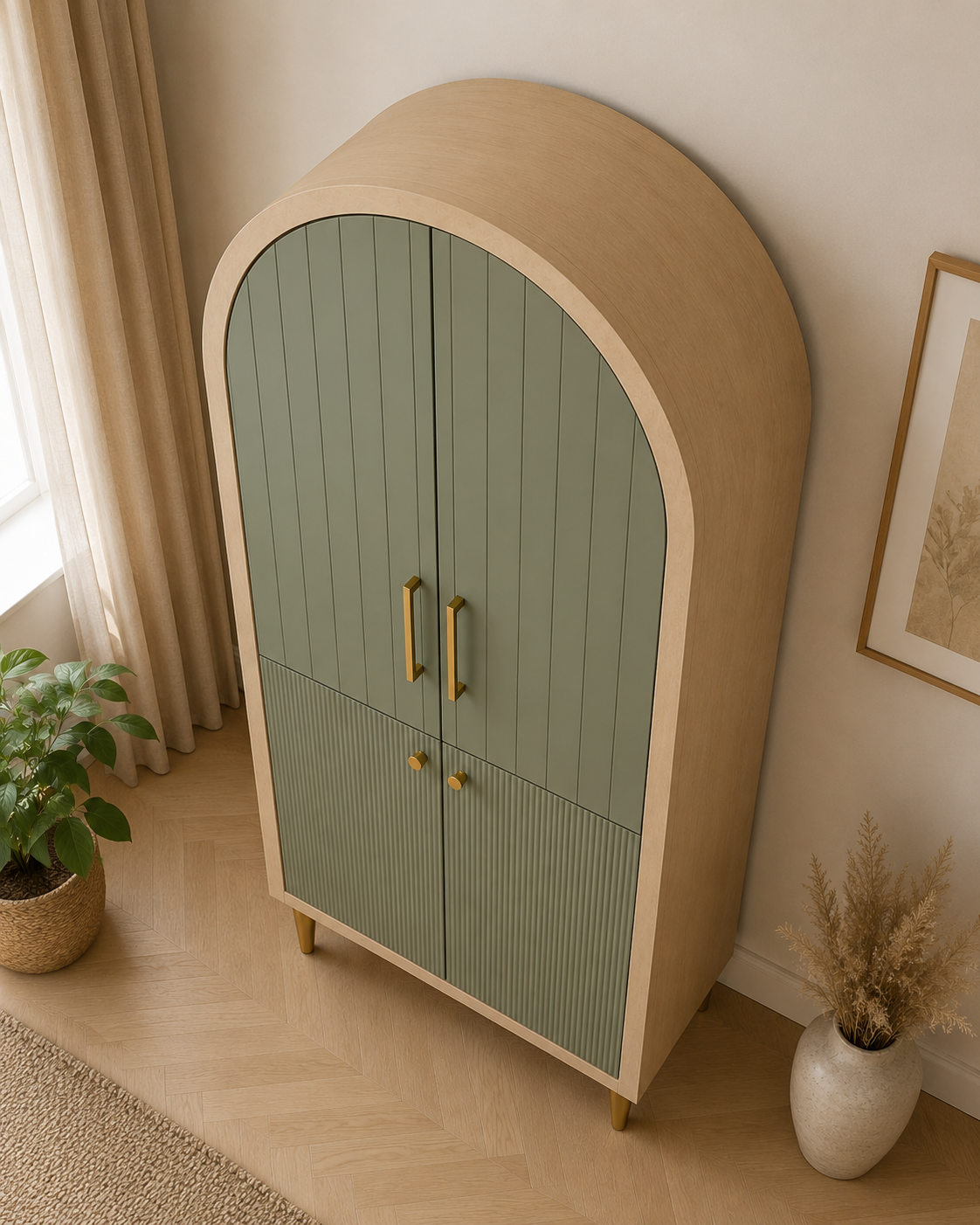 Modern Arched Wooden Wardrobe with Sage Green Doors