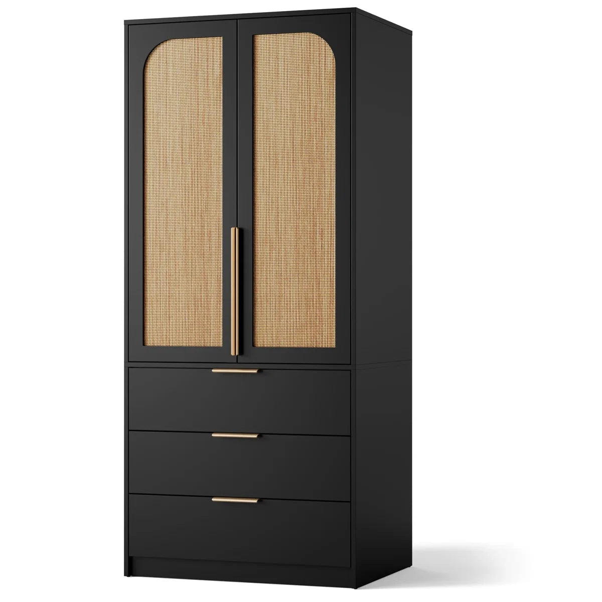 69.5 Inch Armoire Wardrobe Closet Wooden Cabinet with 3 Drawers Hanging Rod and Rattan Doors-OUCH CART | Wardrobe
