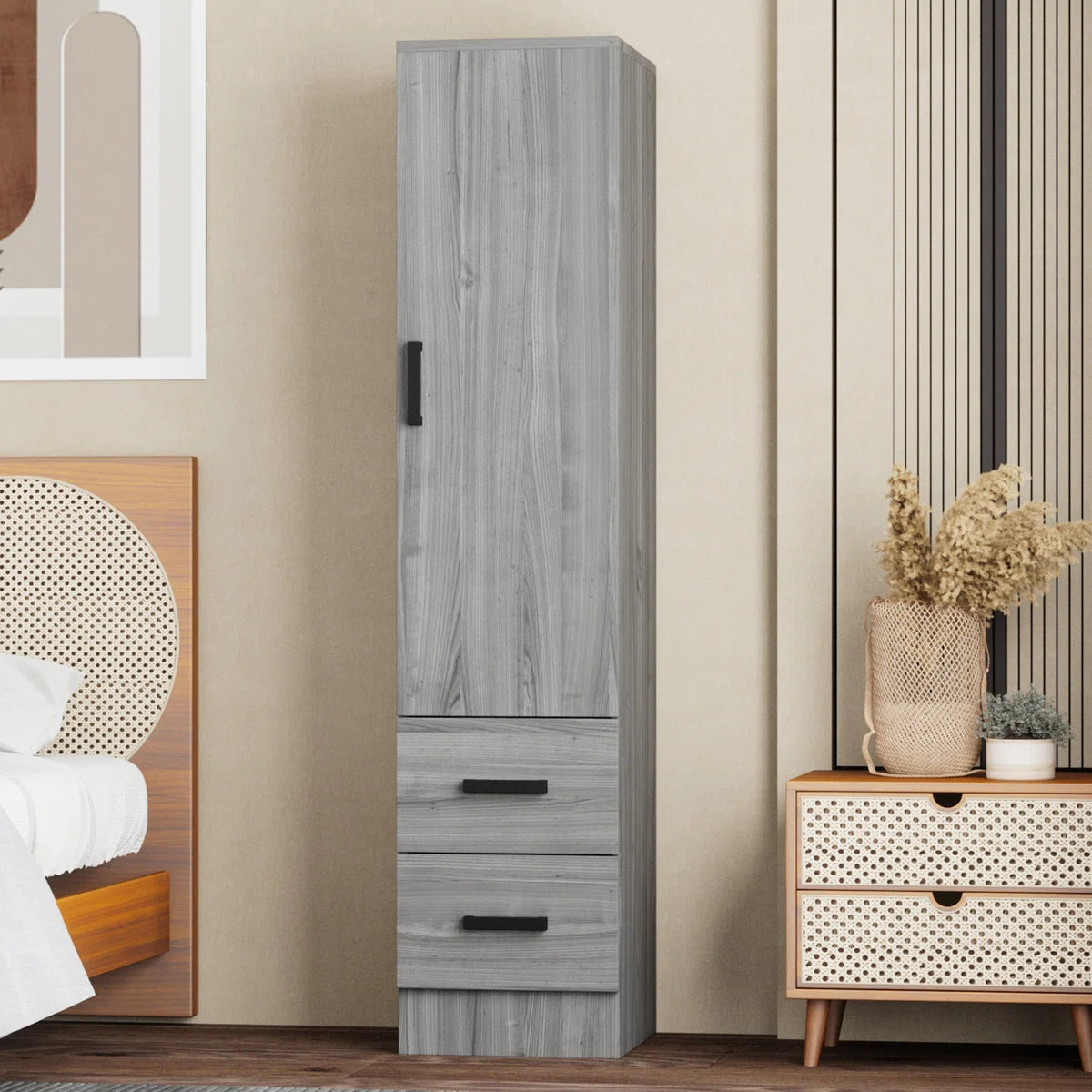 Wardrobe Armoire Closet 2 Drawers Solid Wood Reversible Door for Bedroom OUCH CART