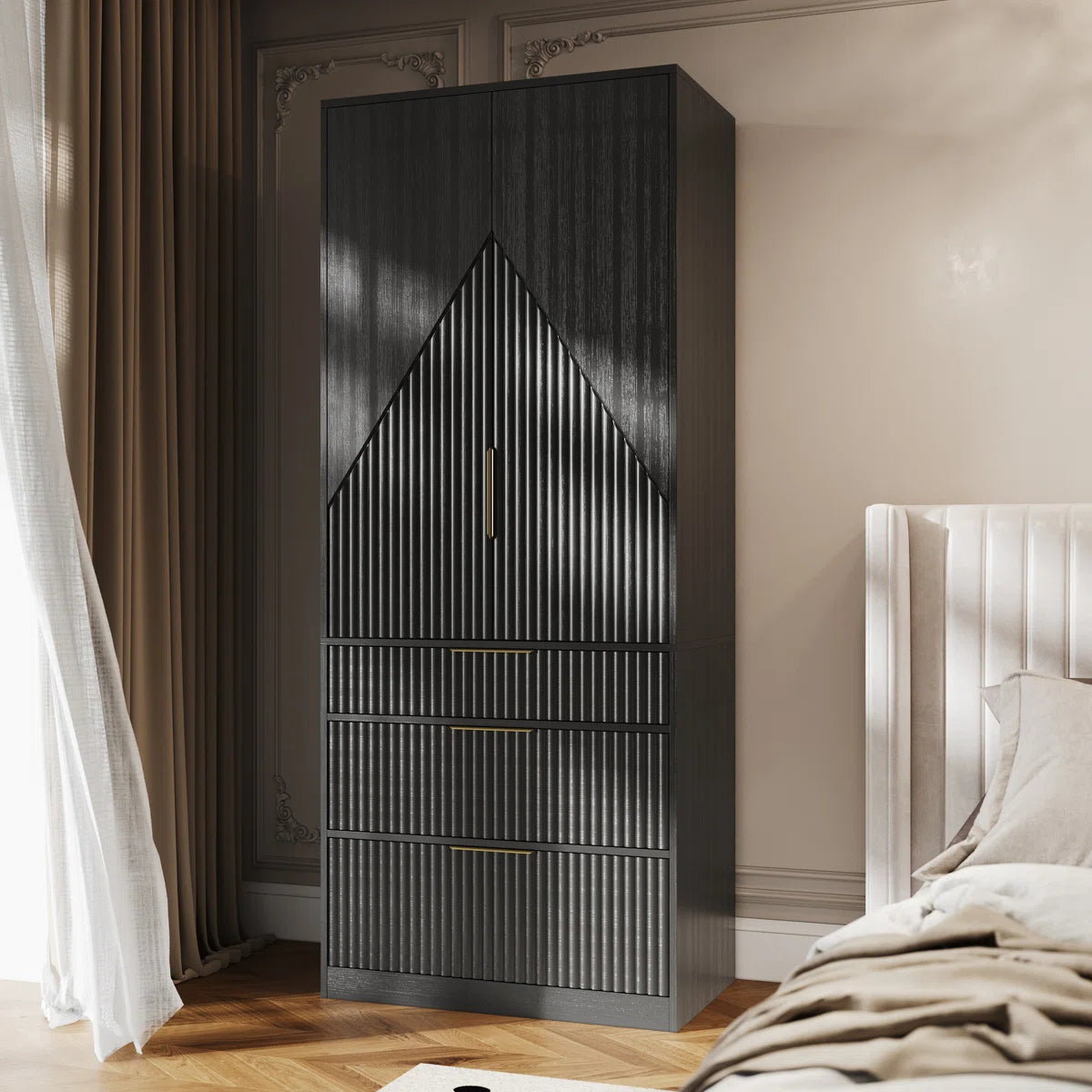 Contemporary 2-Door Solid Wood Wardrobe with Large Drawers and Hidden Storage-OUCH CART | Wardrobe