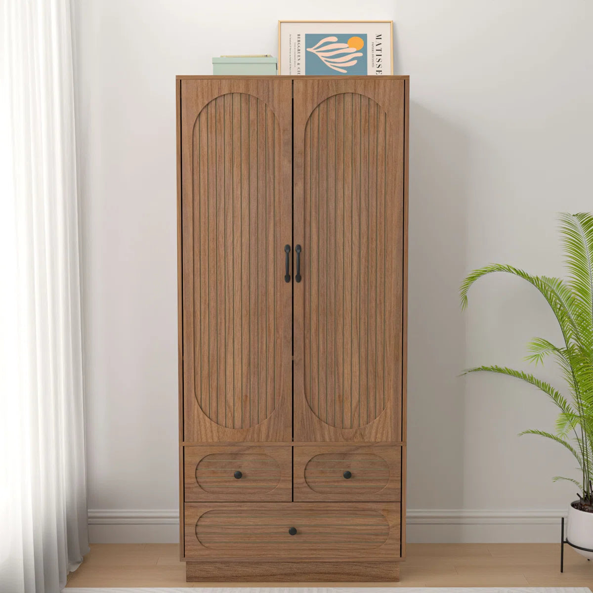 Elegant Armoire Wardrobe Closet with Fluted Doors, 3 Drawers, Shelves and Hanging Rod-OUCH CART | Wardrobe