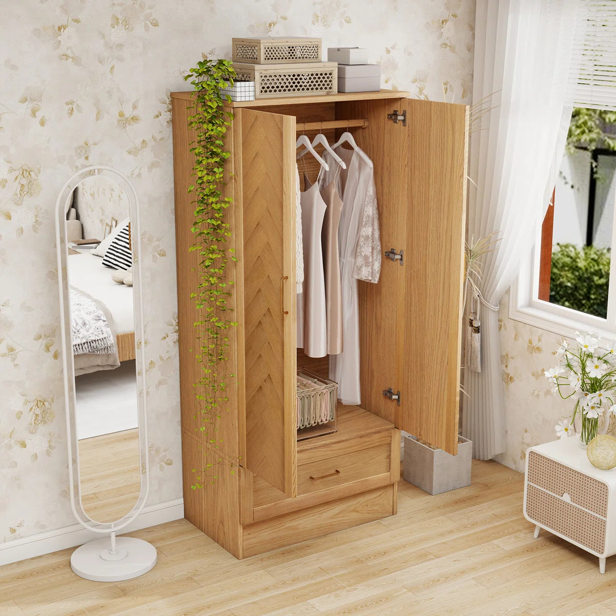 2-Door Solid Wood Wardrobe Closet Armoire with Drawer Hanging Rod Natural Finish