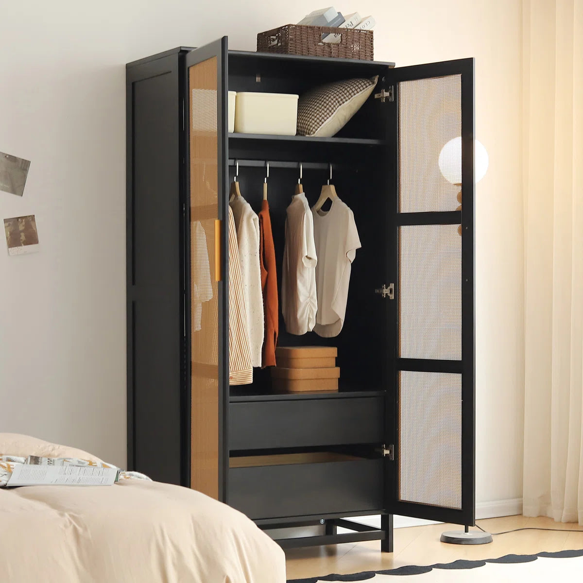 Albertha Solid Wood Bedroom Wardrobe Large Storage Rattan Door Style