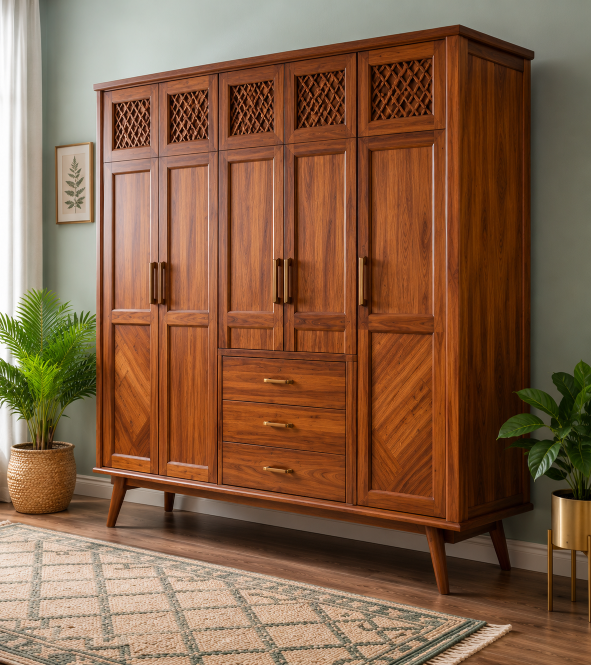 Premium 5 Door Wooden Wardrobe with 3 Drawers | Modern Bedroom Almirah in Walnut Finish | Large Clothes Storage Cabinet OUCH CART