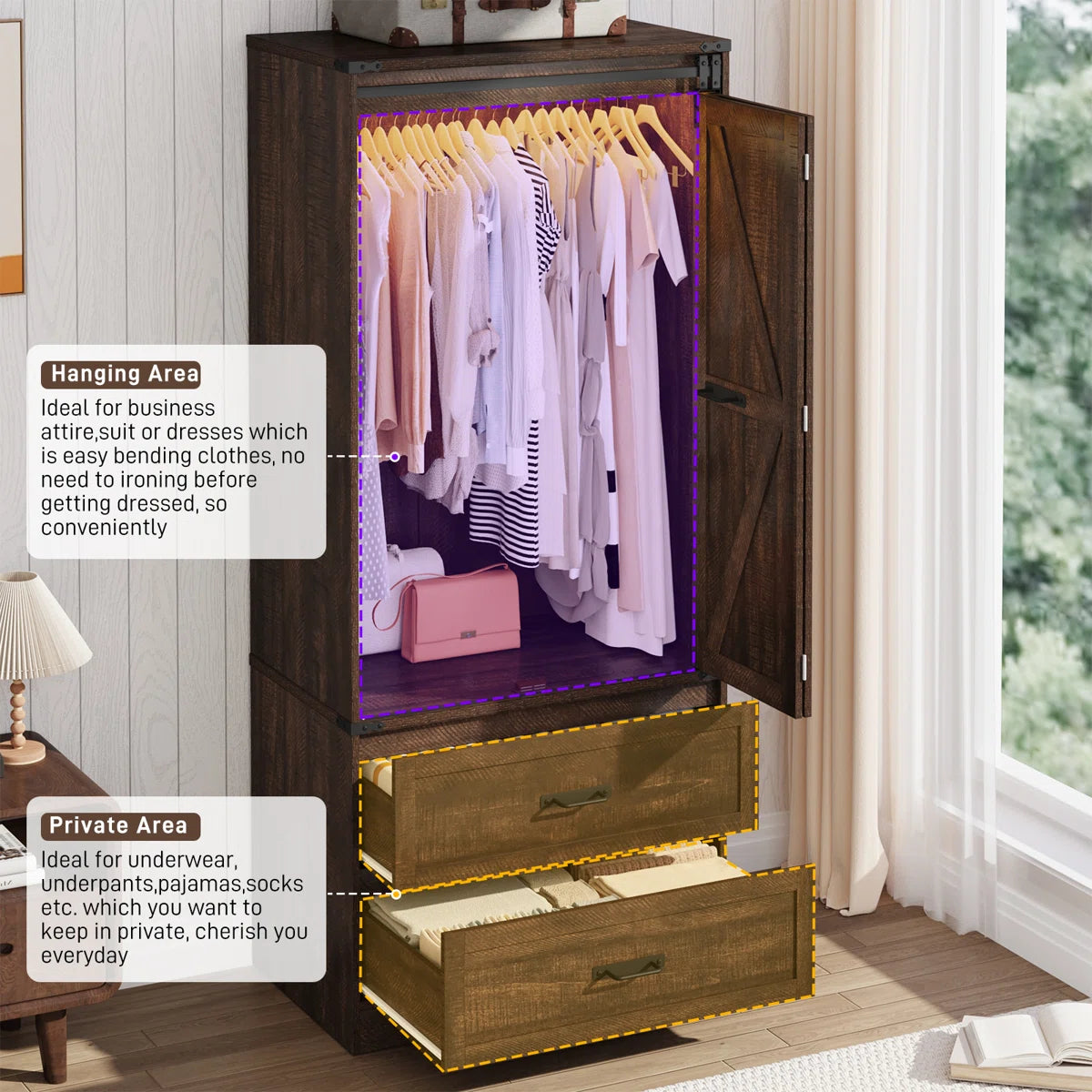 Farmhouse 72.8 Inch Armoire Wardrobe Closet with Sensor Light 2 Drawers and Hanging Rod