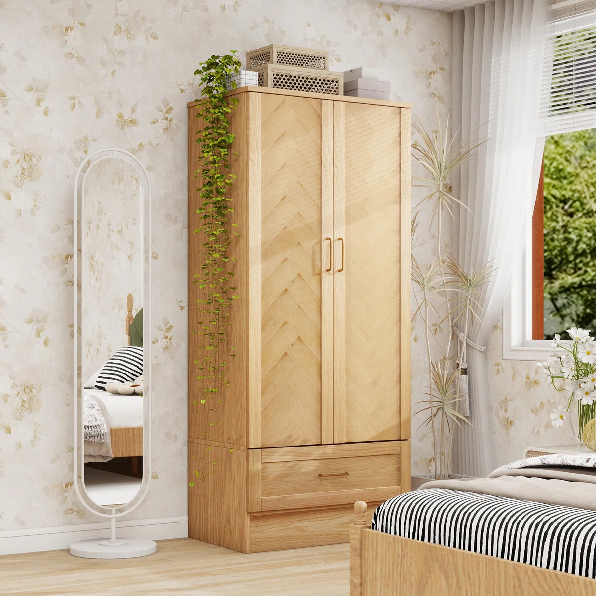 2-Door Solid Wood Wardrobe Closet Armoire with Drawer Hanging Rod Natural Finish-OUCH CART | Wardrobe