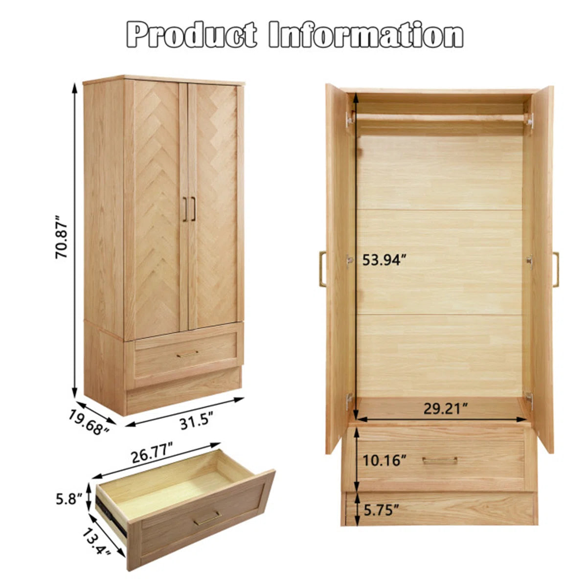 2-Door Solid Wood Wardrobe Closet Armoire with Drawer Hanging Rod Natural Finish