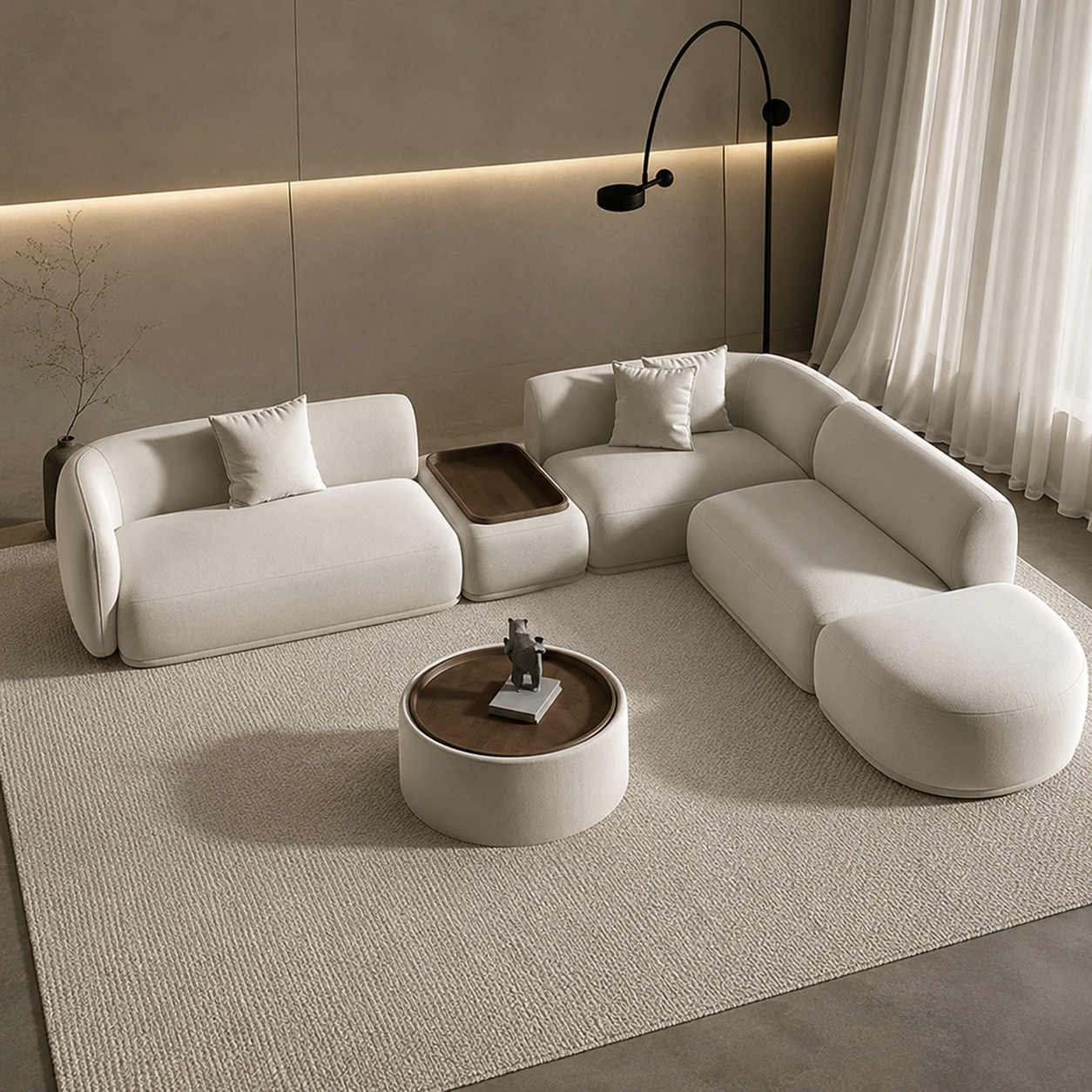 Ouch Cart Modern Curved Modular Sectional Sofa with Wooden Side Tray | Luxury Bouclé Upholstered L-Shaped Sofa Set for Living Room | Minimalist Contemporary Couch, Cream White OUCH CART