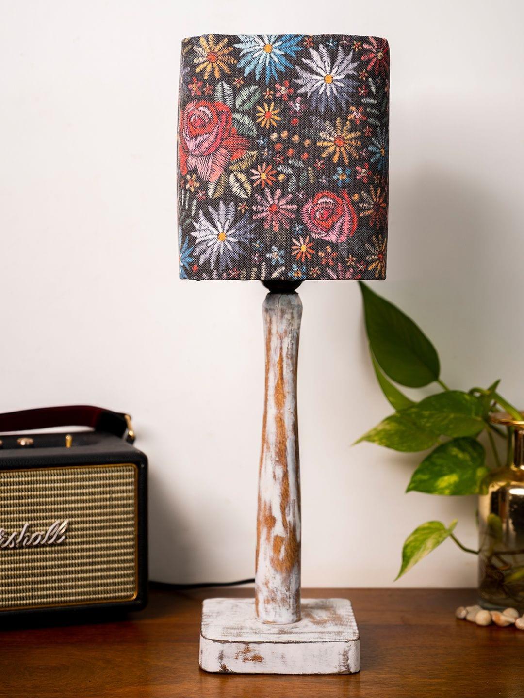 Curve Distress white Lamp with Black flowers shade - Ouch Cart