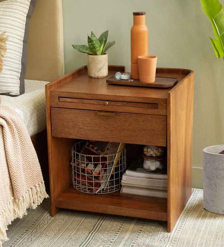 Solid Wood Night Stand With Drawer In Brown Colour - Ouch Cart