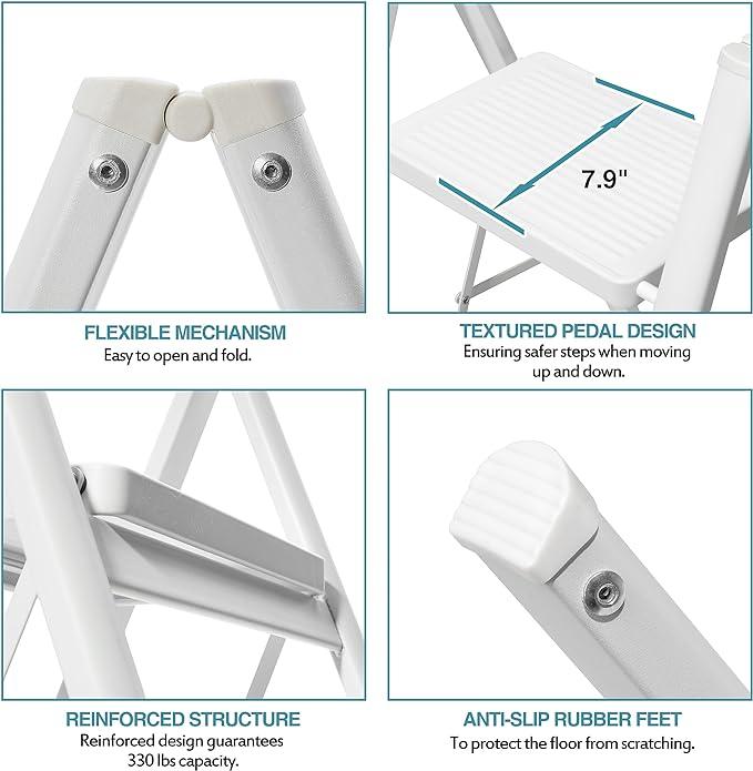 Lightweight Portable Foldable Collapsible Folding Sturdy Steel Metal Step Stool with Anti-Slip Wide Pedal, Heavy Duty 330 lbs Capacity, for Home, Kitchen, Closet, Adults, White - Ouch Cart