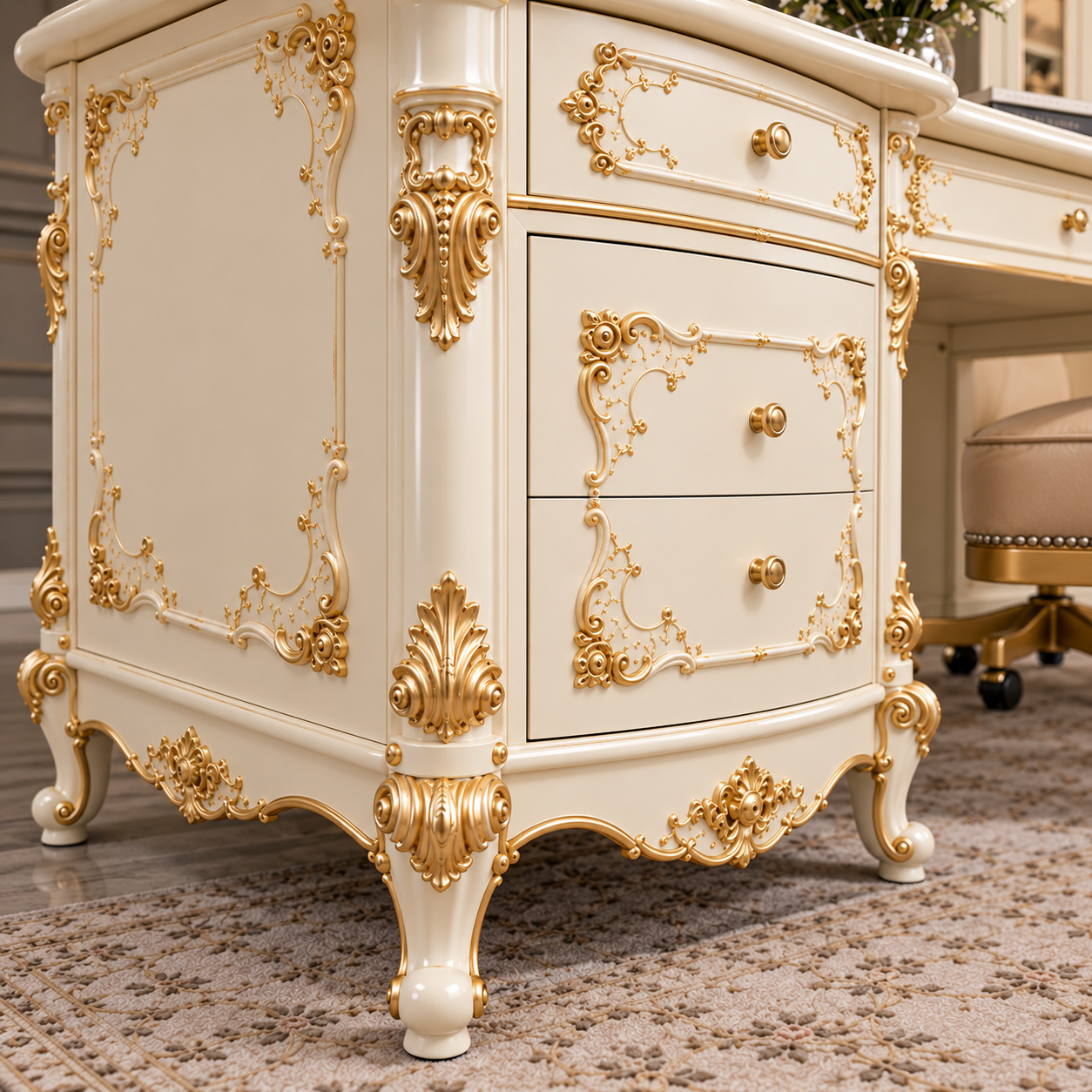 Luxury French Rococo Executive Office Desk | Ivory & Gold Carved Wooden Writing Table
