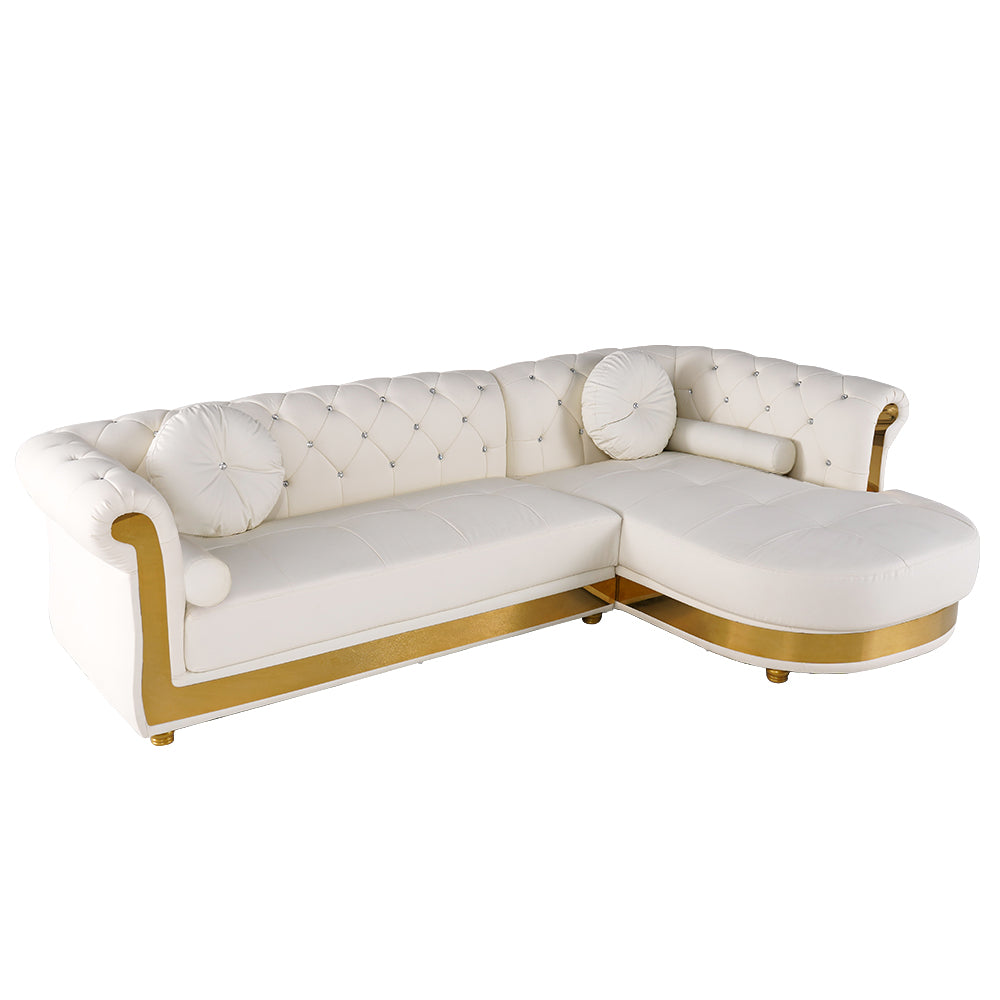 Luxury White L-Shaped Chesterfield Leather Sofa Set with Gold Accents OUCH CART