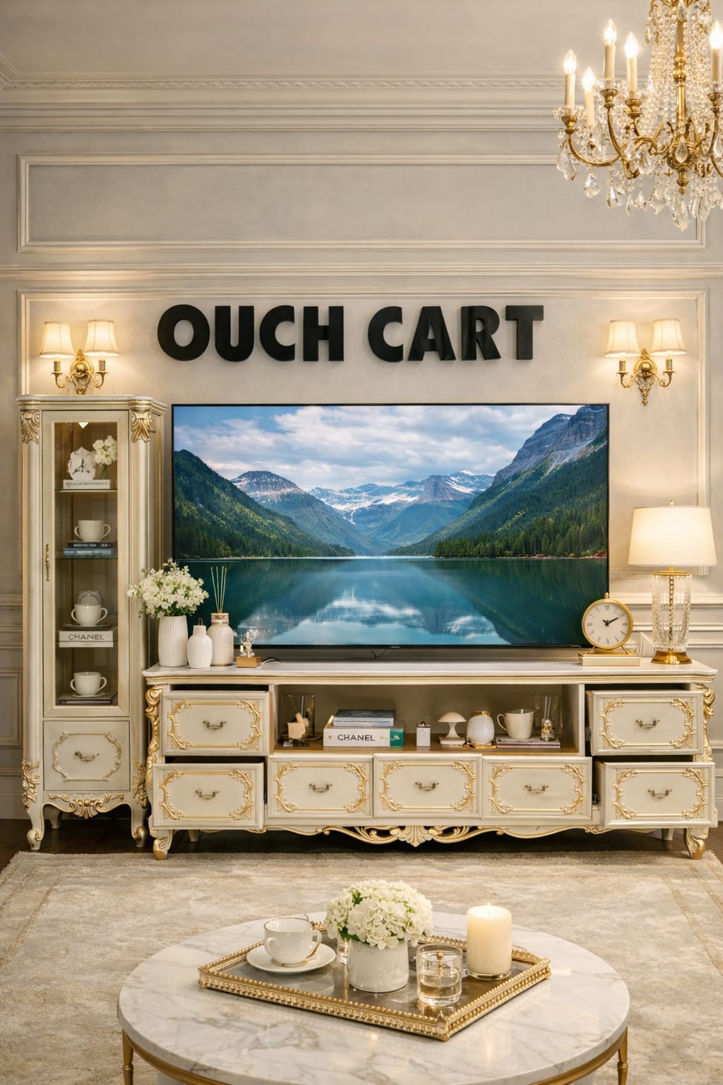Luxury Royal Gold Finish TV Cabinet & Console Table with Storage Drawers