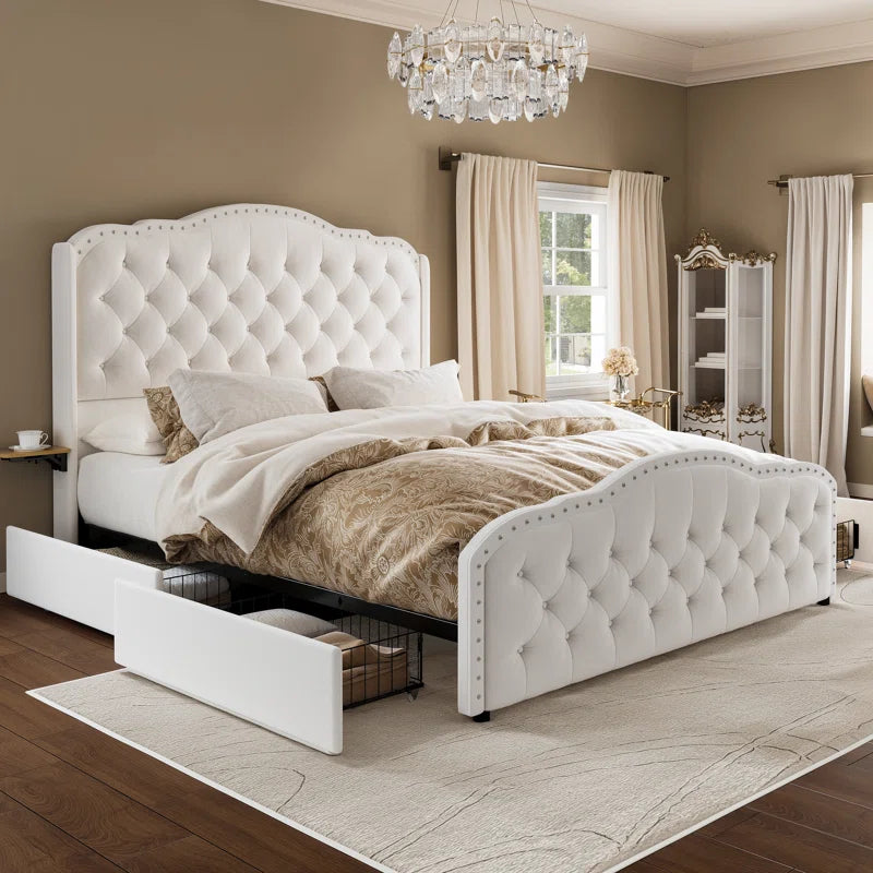 Maber Upholstered Queen Bed with 4 Drawers, Storage Platform Bed with 2 Bedside Tables , Velvet Wingback Bed, No Boxing Spring Needed, Gray OUCH CART