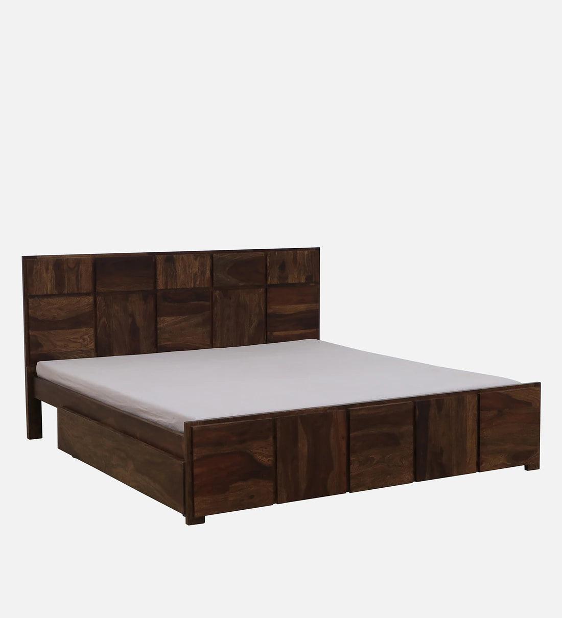 Sheesham Wood King Size Bed In Provincial Teak Finish With Drawer Storage - Ouch Cart