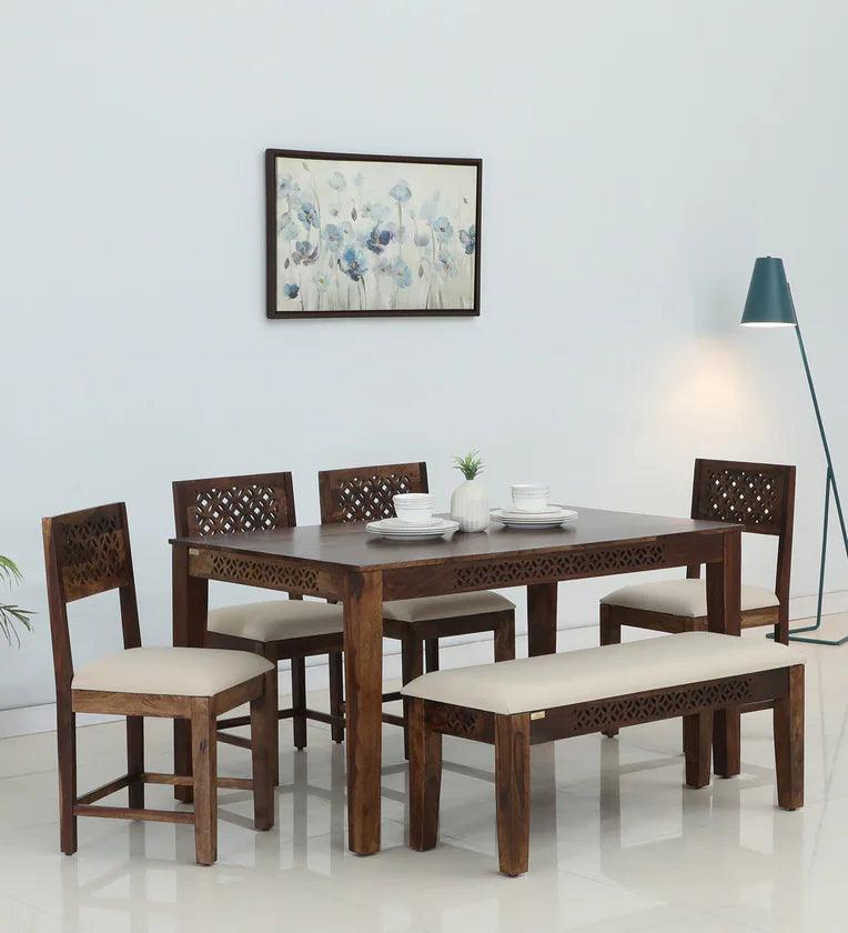 Sheesham Wood 6 Seater Dining Set in Scratch Resistant Provincial Teak Finish With Bench - Ouch Cart
