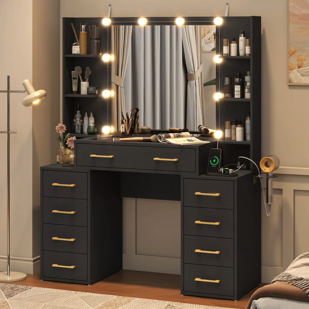 Tempered Glass Vanity Desk with LED Lights, Mirror, and Built-In Charging Station-OUCH CART |Dressing table