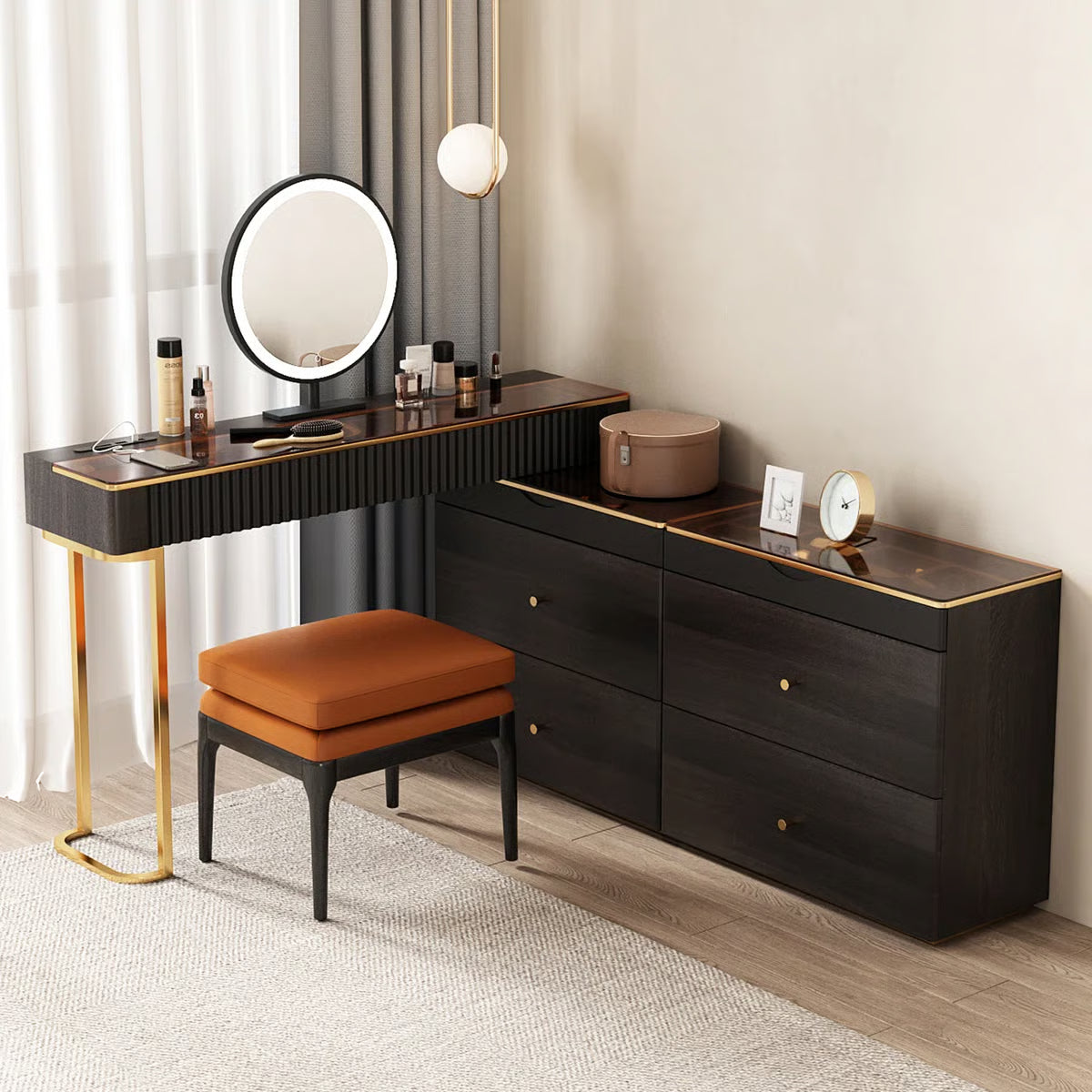 Luxury Corner Makeup Vanity Desk with Glass Top, Stool and Built-In Power Outlet- OUCH CART | Dressing table
