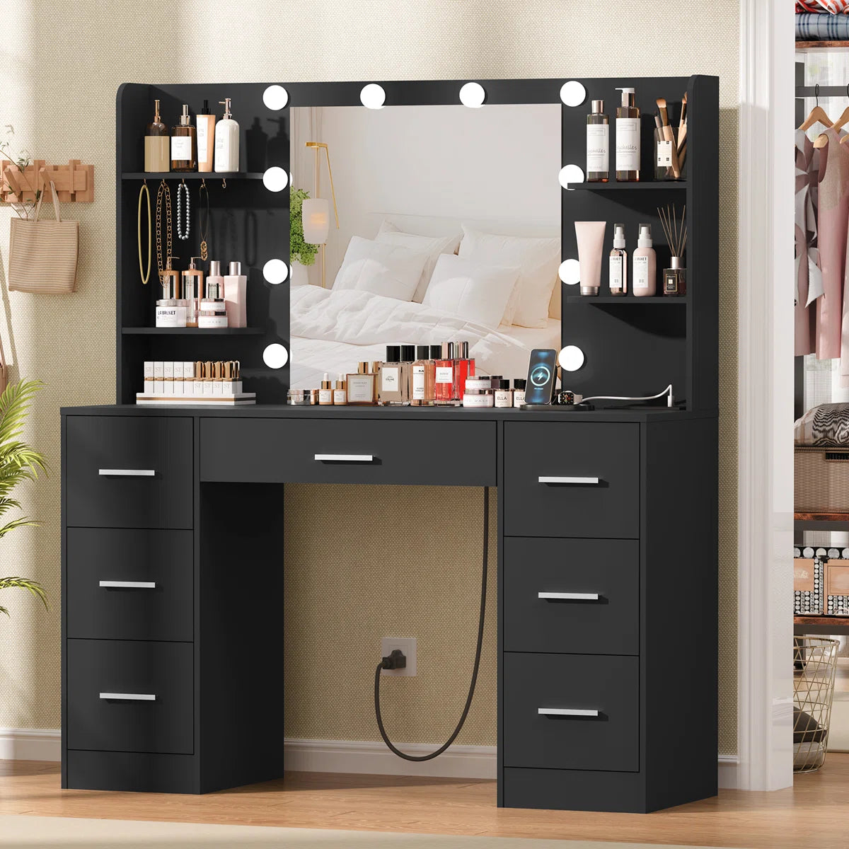 Camyla Large Makeup Vanity Table with LED Mirror, 7 Drawers, 4 Storage Shelves, Jewelry Hooks & Power Outlet-OUCH CART | dressing tables