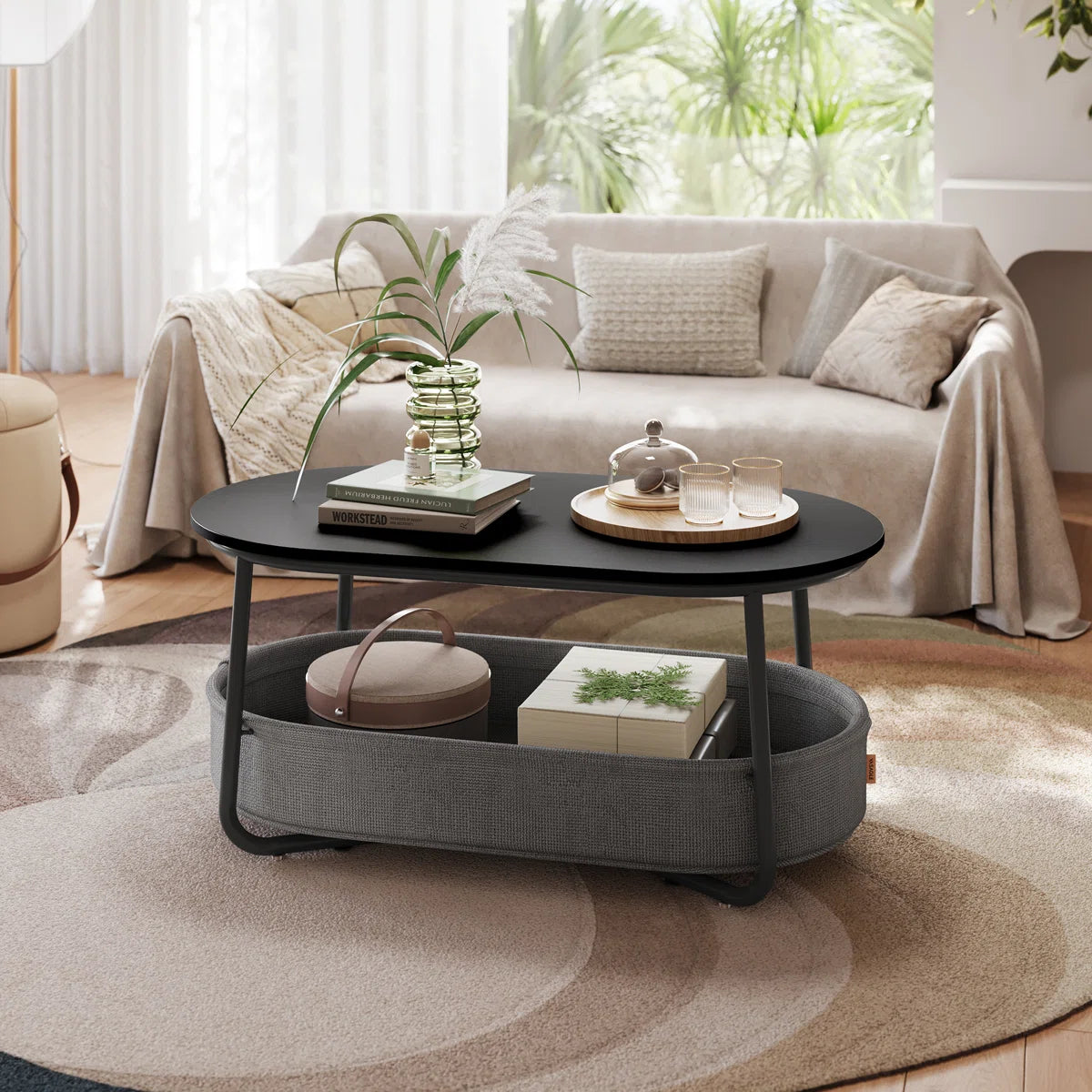 Neili Floor Shelf 39.4" W Coffee Table with Storage Fabric Basket