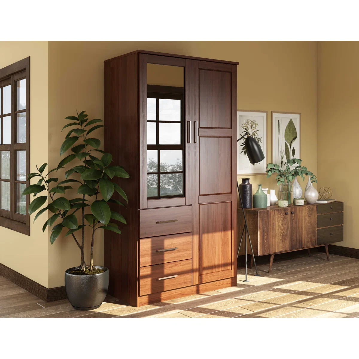 Elegant Metro 2-Door Wardrobe Armoire Solid Wood Mirrored Bedroom Storage OUCH CART