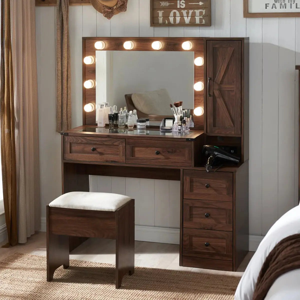 Farmhouse Vanity Makeup Desk – 43" Wide Desk, Drawers, Stool & Charging