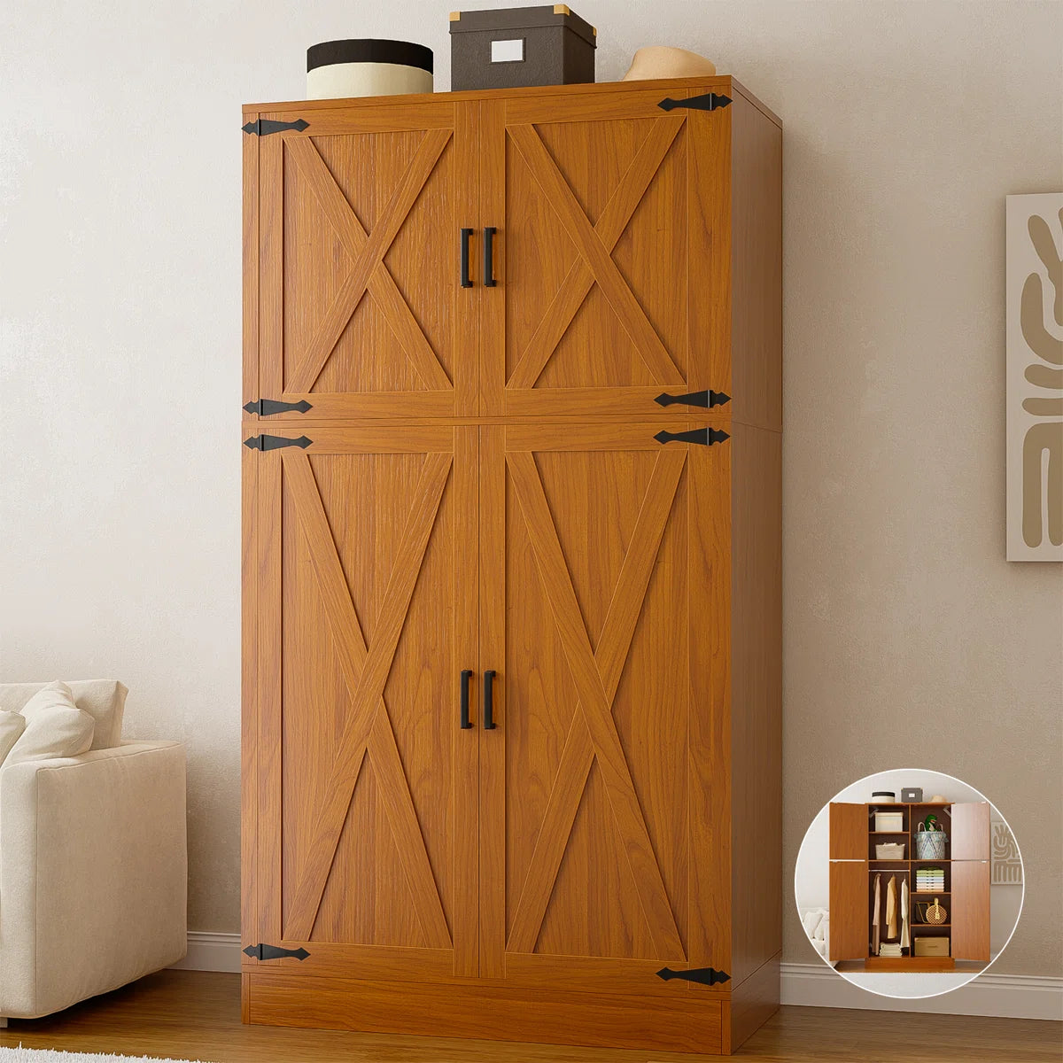 Functional 71'' Farmhouse Armoire Wardrobe Closet with Shelf and Hanging Rod