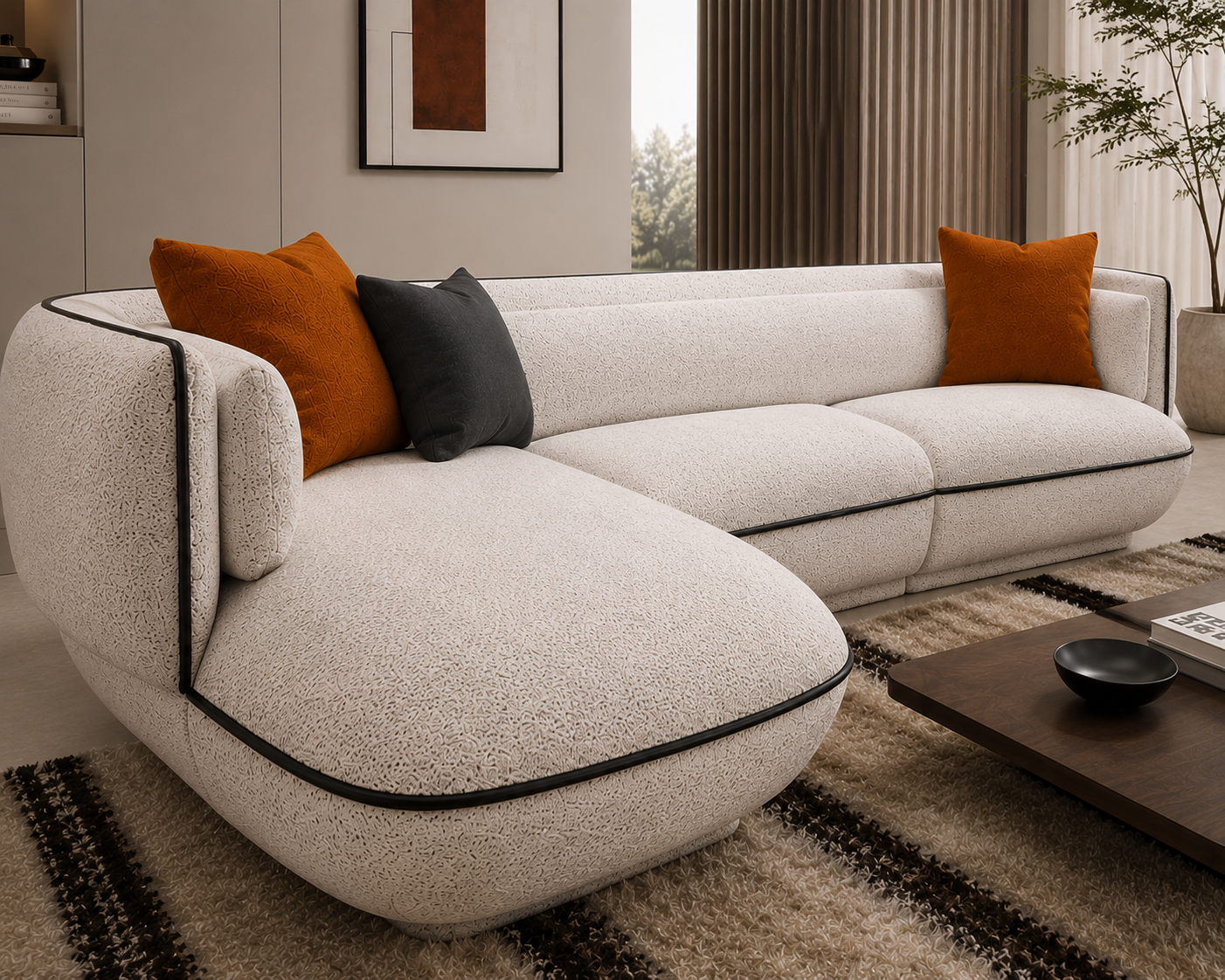 Ouch Cart Modern Curved Bouclé Sectional Sofa | Luxury Cream Upholstered Living Room Couch with Contemporary Design OUCH CART