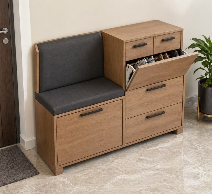 Modern Wooden Shoe Storage Cabinet with Cushioned Bench Seat | Entryway Shoe Organizer with Soft-Close Drawers & Matte Black Handles Ouch Cart