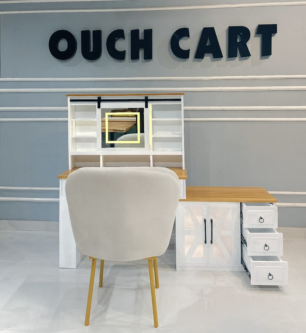 Modern White Wooden Dressing Table with LED Mirror & Storage Cabinet | Makeup Vanity Unit OUCH CART