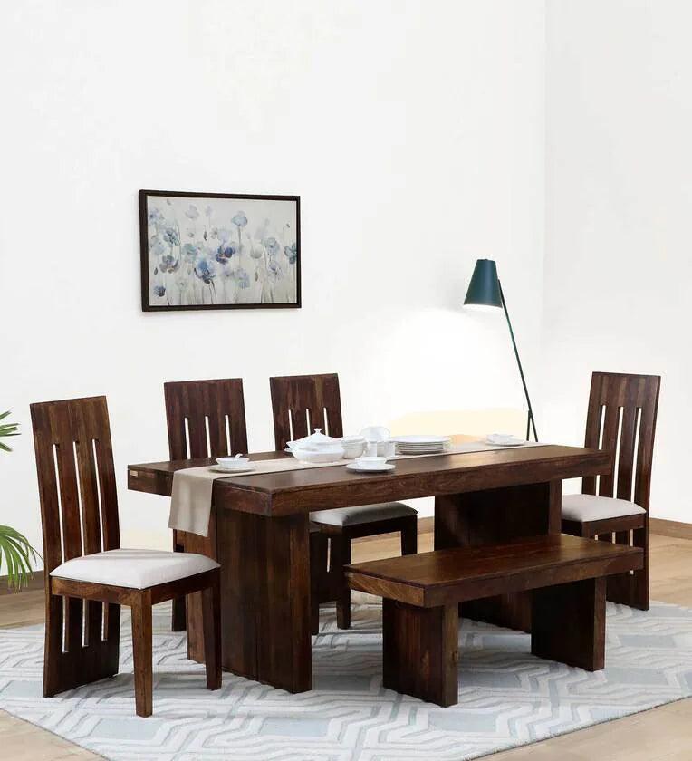 Sheesham Wood 6 Seater Dining Set In Scratch Resistant Provinical Teak Finish With Bench - Ouch Cart